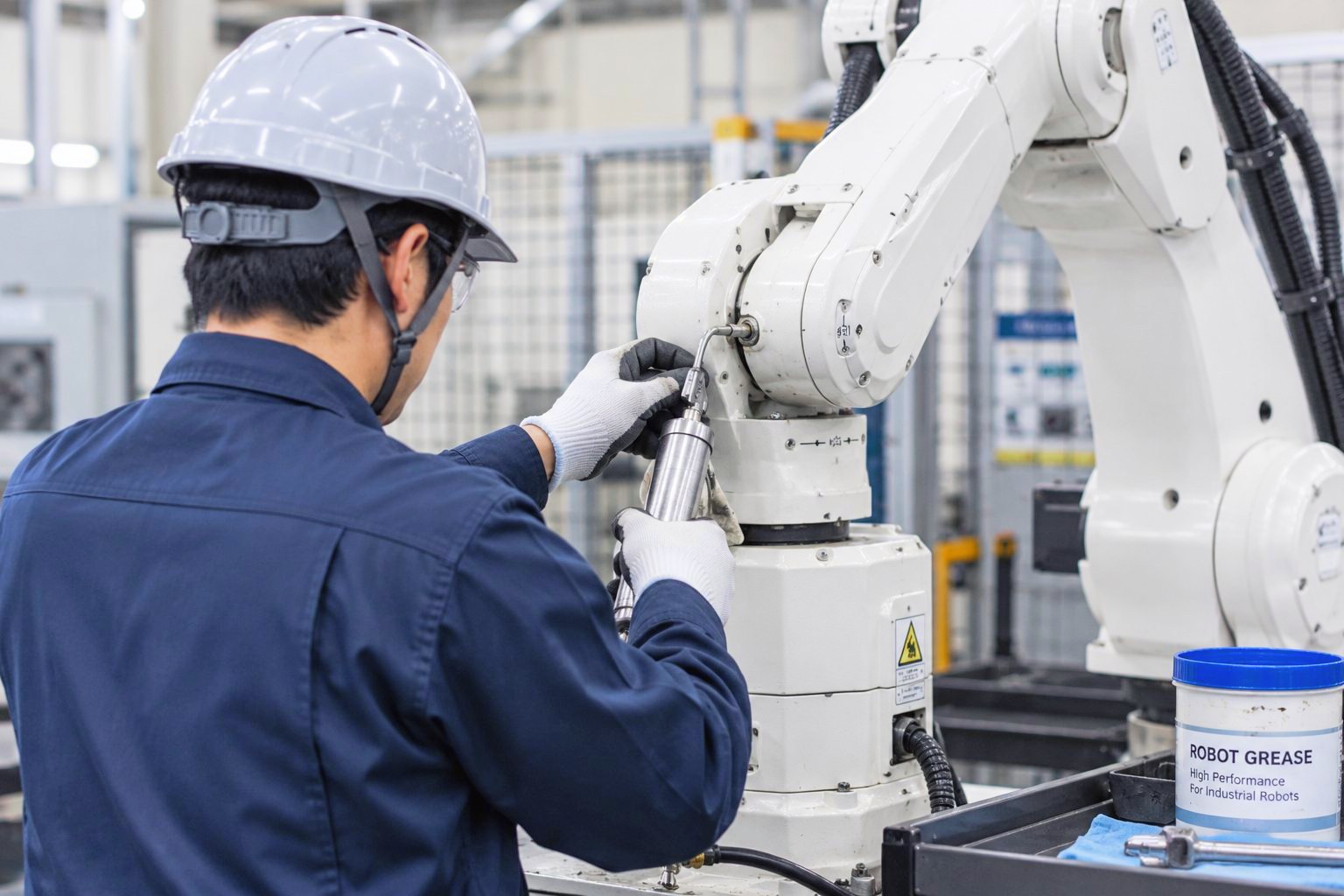 ロボットの駆動軸を整備する様子